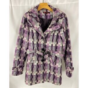 First Kiss Womens Geometric Pattern Belted Trench Coat Purple Gray White Medium